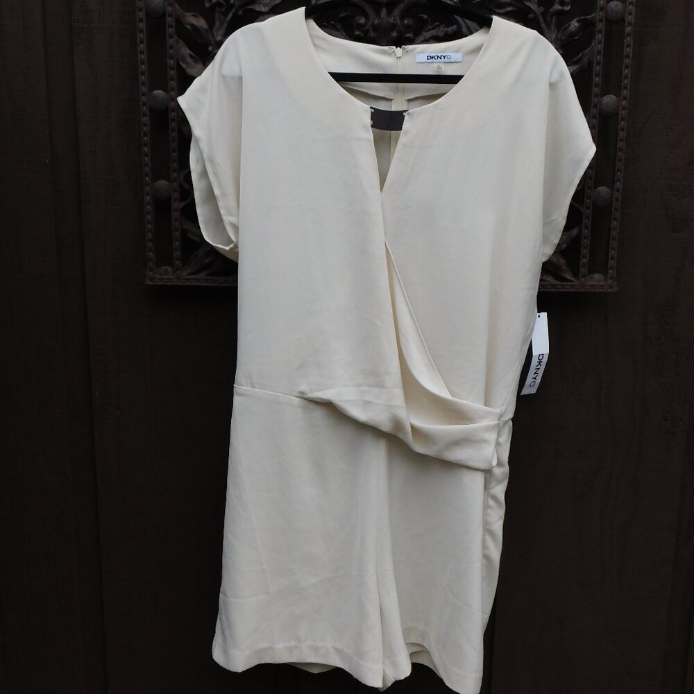 DKNYC Sz 14 Ivory Faux Wrap Gold Accent Romper Pantsuit NEW NWT